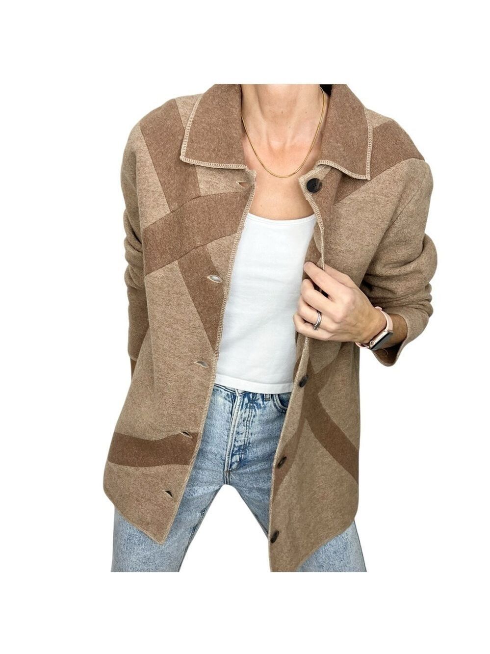 Vintage Franco Valeri tan brown geometric colour block wool cardigan sweater L